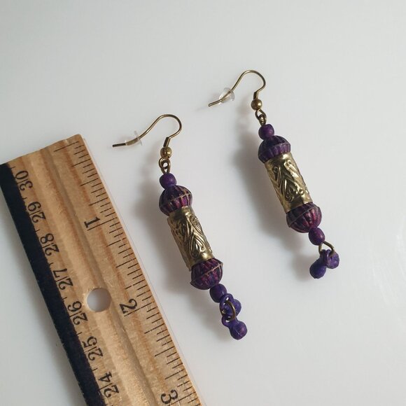Vintage Handcrafted Brass Purple Beaded Dangle Earrings Boho Bali Core Design - Picture 2 of 7